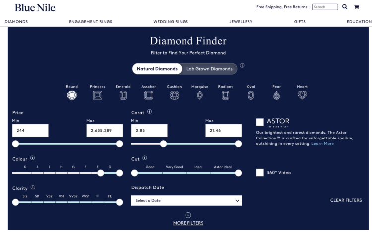 A screenshot of the blue nile diamond finder page showing the diamond search form, with a diamond graphic in the background