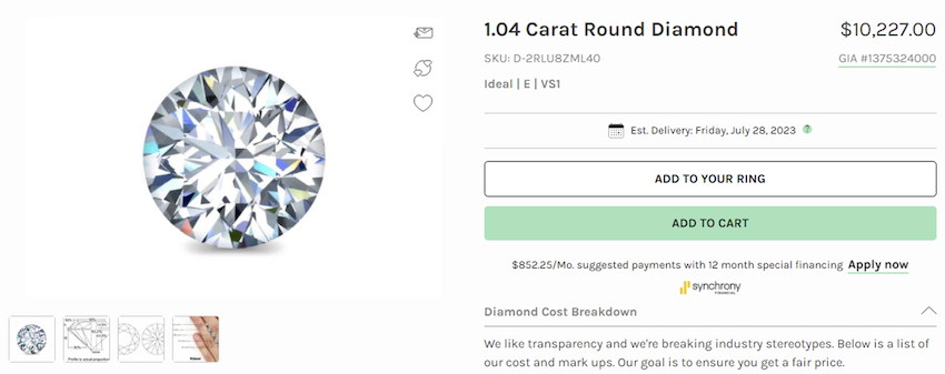 E VS1 1.04 Carat Round Diamond from Ritani