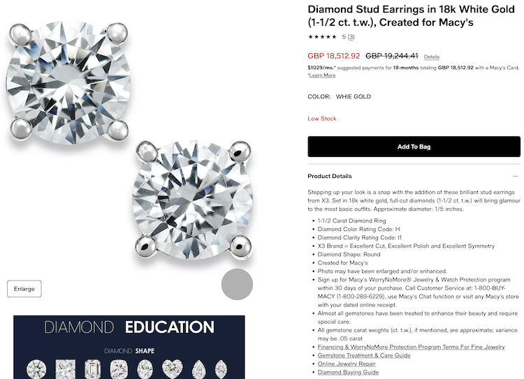 Diamond Stud Earrings in 18k White Gold (1-1/2 ct. t.w.), Created for Macy's