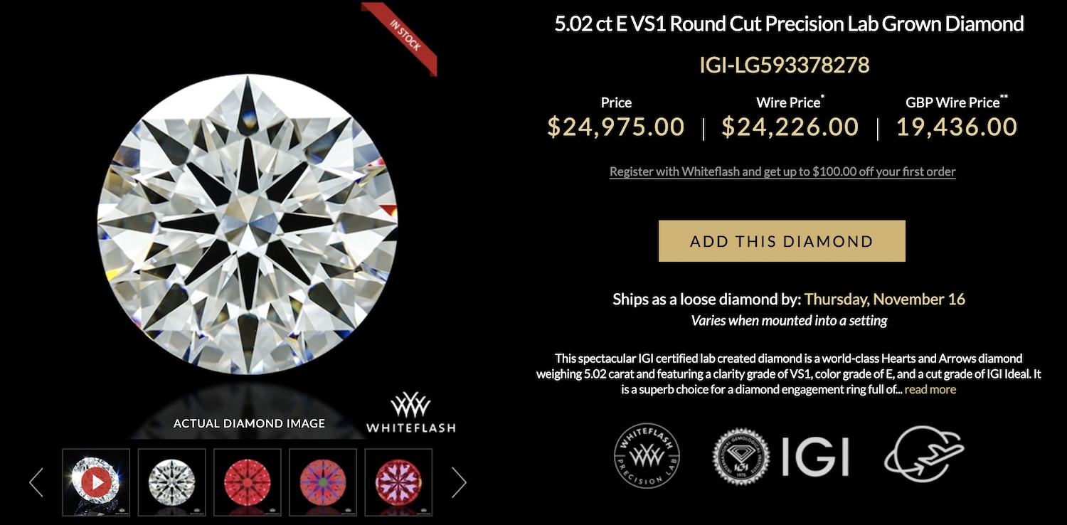 5.02 ct E VS1 Round Cut Precision Lab Grown Diamond