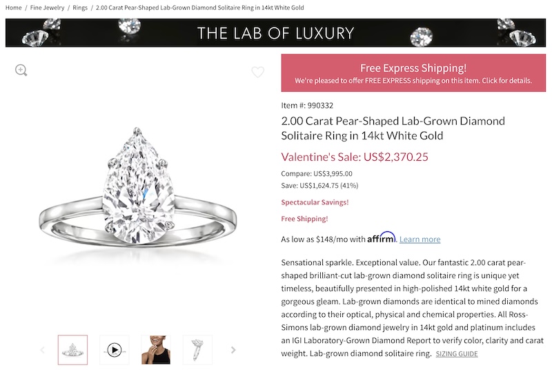 Ross Simons 2.00 Carat Pear-Shaped Lab-Grown Diamond Solitaire Ring in 14kt White Gold