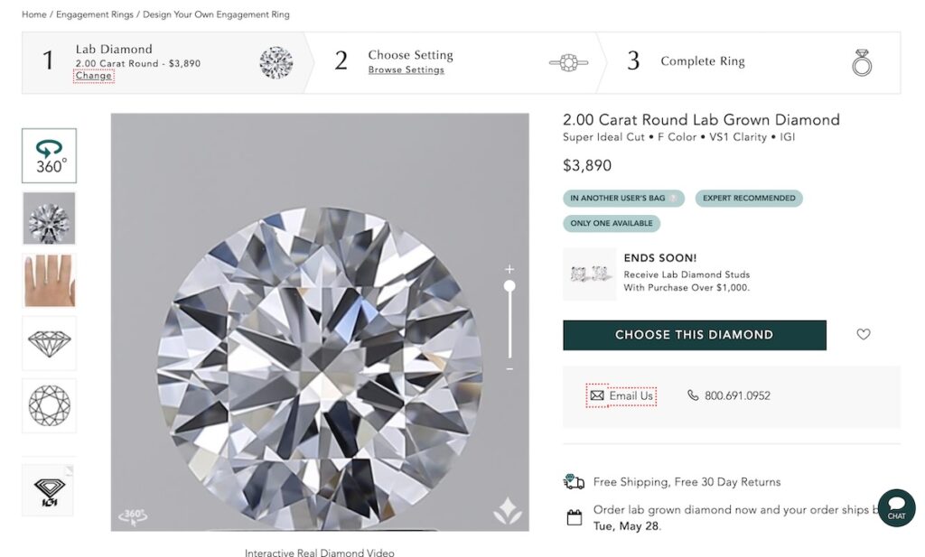 Interactive online interface displaying a 2.00 Carat Round Lab Grown Diamond from Brilliant Earth with options to choose different settings.