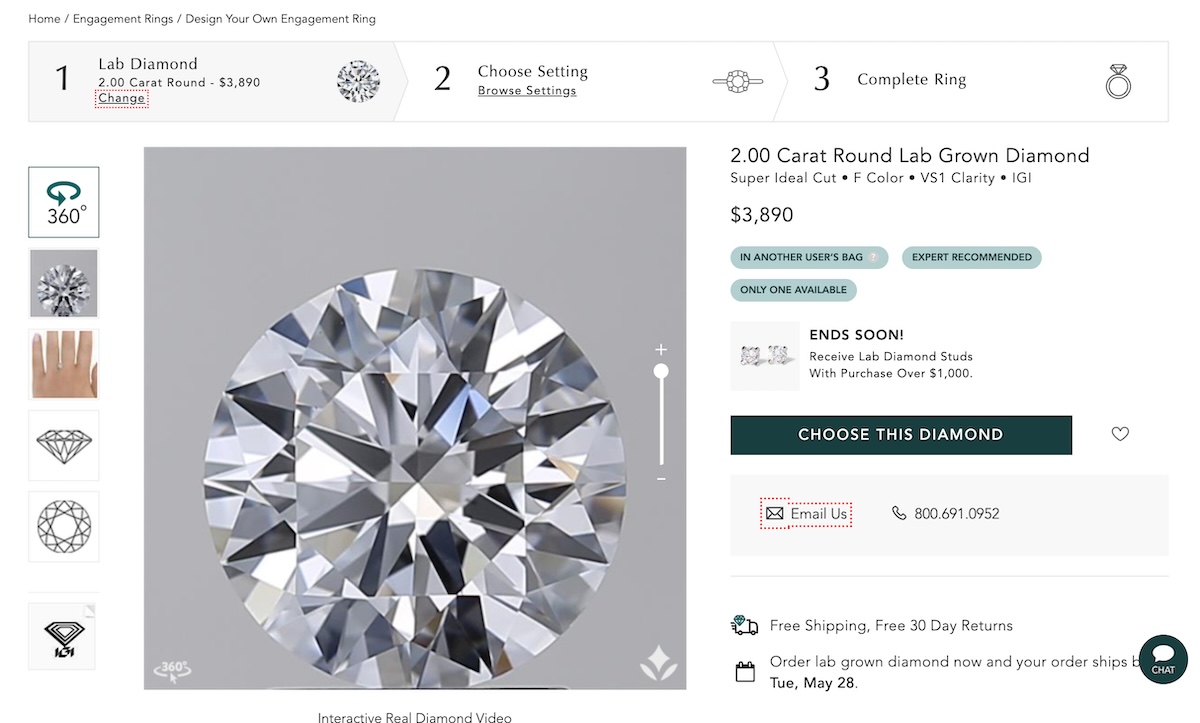 Interactive online interface displaying a 2.00 Carat Round Lab Grown Diamond from Brilliant Earth with options to choose different settings.