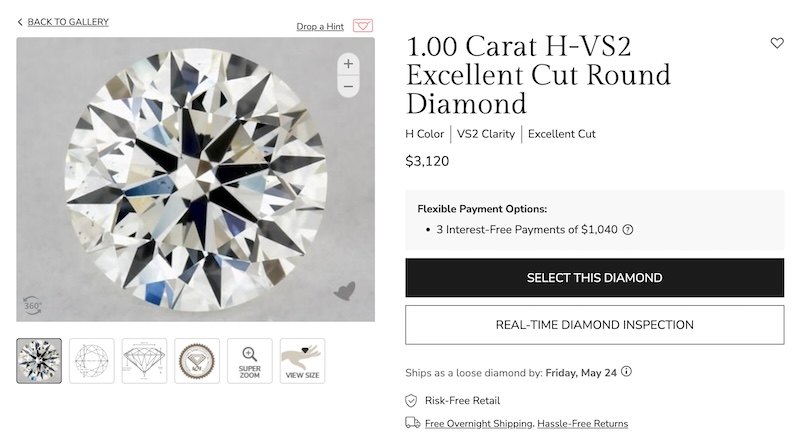 A 1.00 carat H-VS2 excellent cut round diamond displayed on James Allen's website. The diamond is priced at $3,120 and features H color and VS2 clarity. The image showcases the diamond's brilliance with a detailed close-up view. Flexible payment options are available, including three interest-free payments of $1,040. The page offers additional features such as a 360° view, super zoom, and size comparison. The diamond comes with free overnight shipping and hassle-free returns.