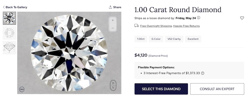A 1.00 carat round diamond displayed on Blue Nile's website. The diamond is priced at $4,120 and features G color and VS2 clarity with an excellent cut. The image shows a detailed close-up of the diamond, highlighting its brilliance and facets. The page mentions flexible payment options, including three interest-free payments of $1,373.33.