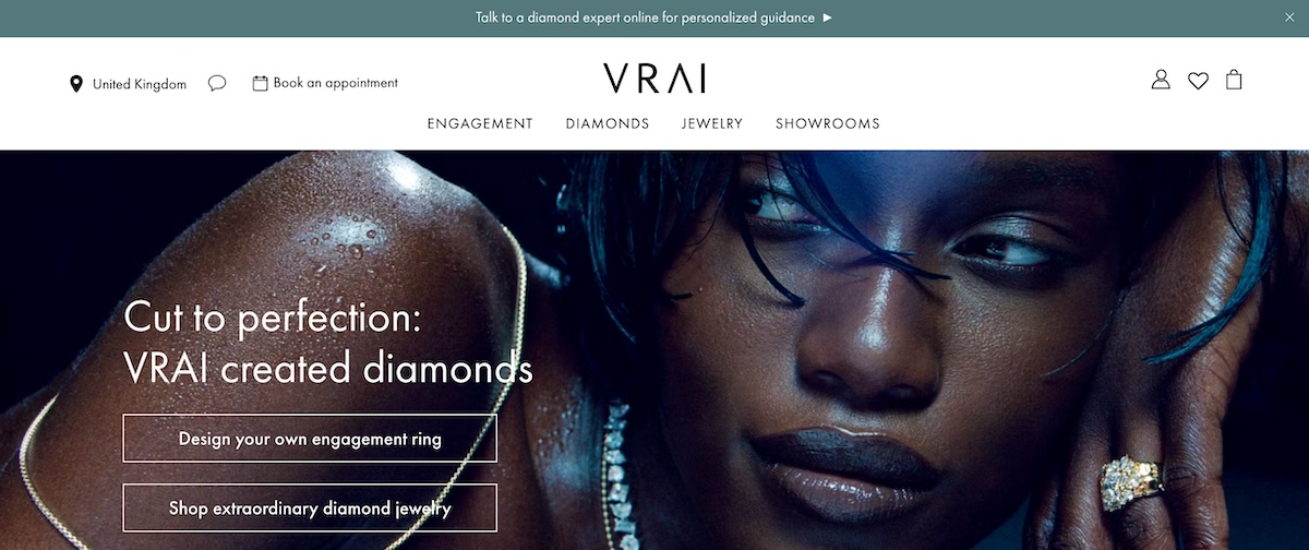 Homepage of VRAI's website featuring a navigation bar and promotional banner for custom engagement rings.