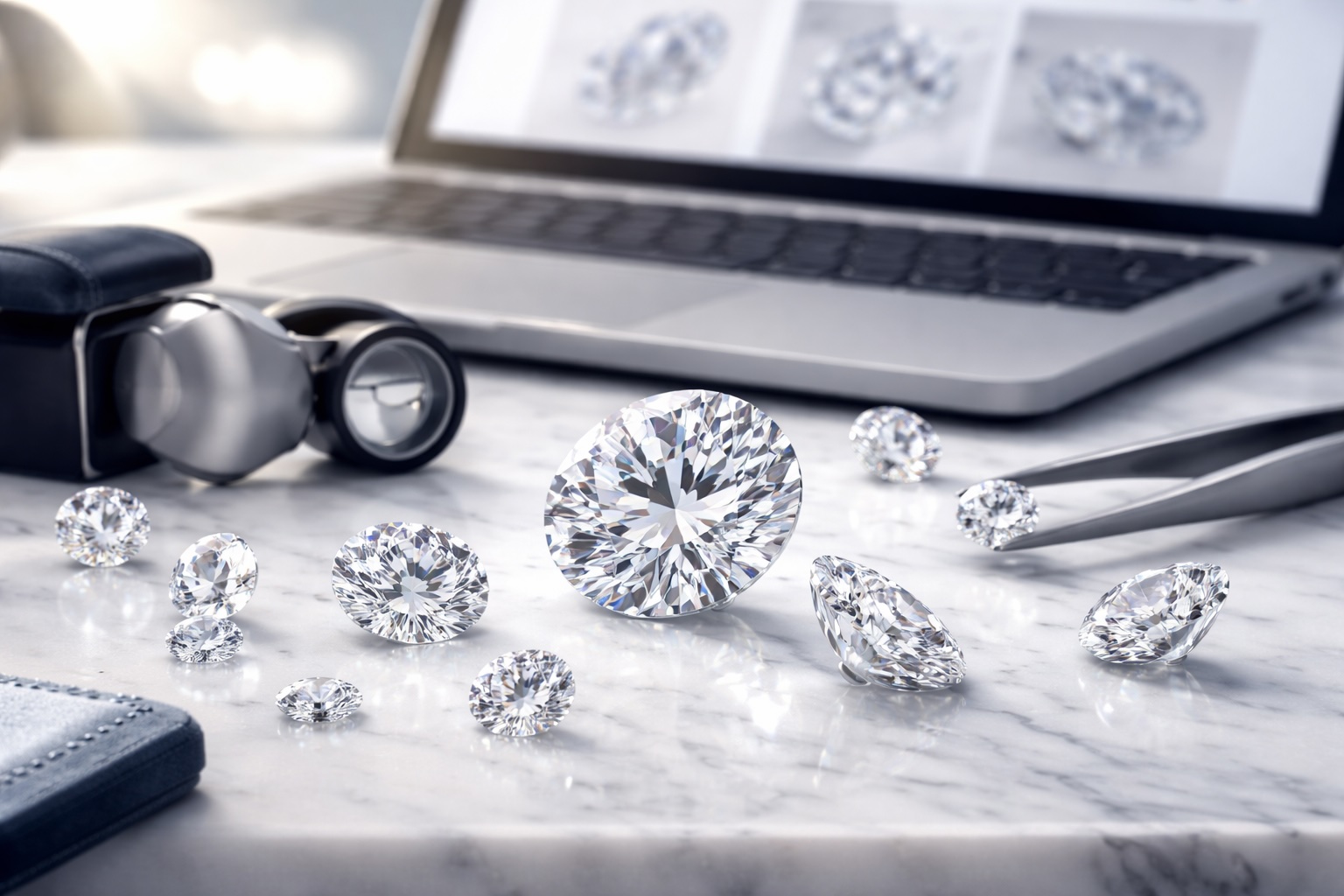 Loose diamonds displayed on a marble surface with jeweler tools and a laptop in the background, representing online diamond shopping
