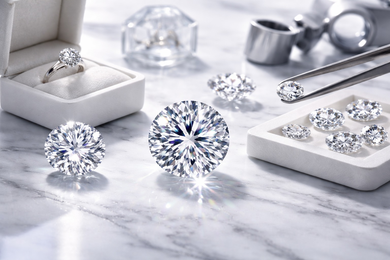 Lab grown diamonds on a marble display