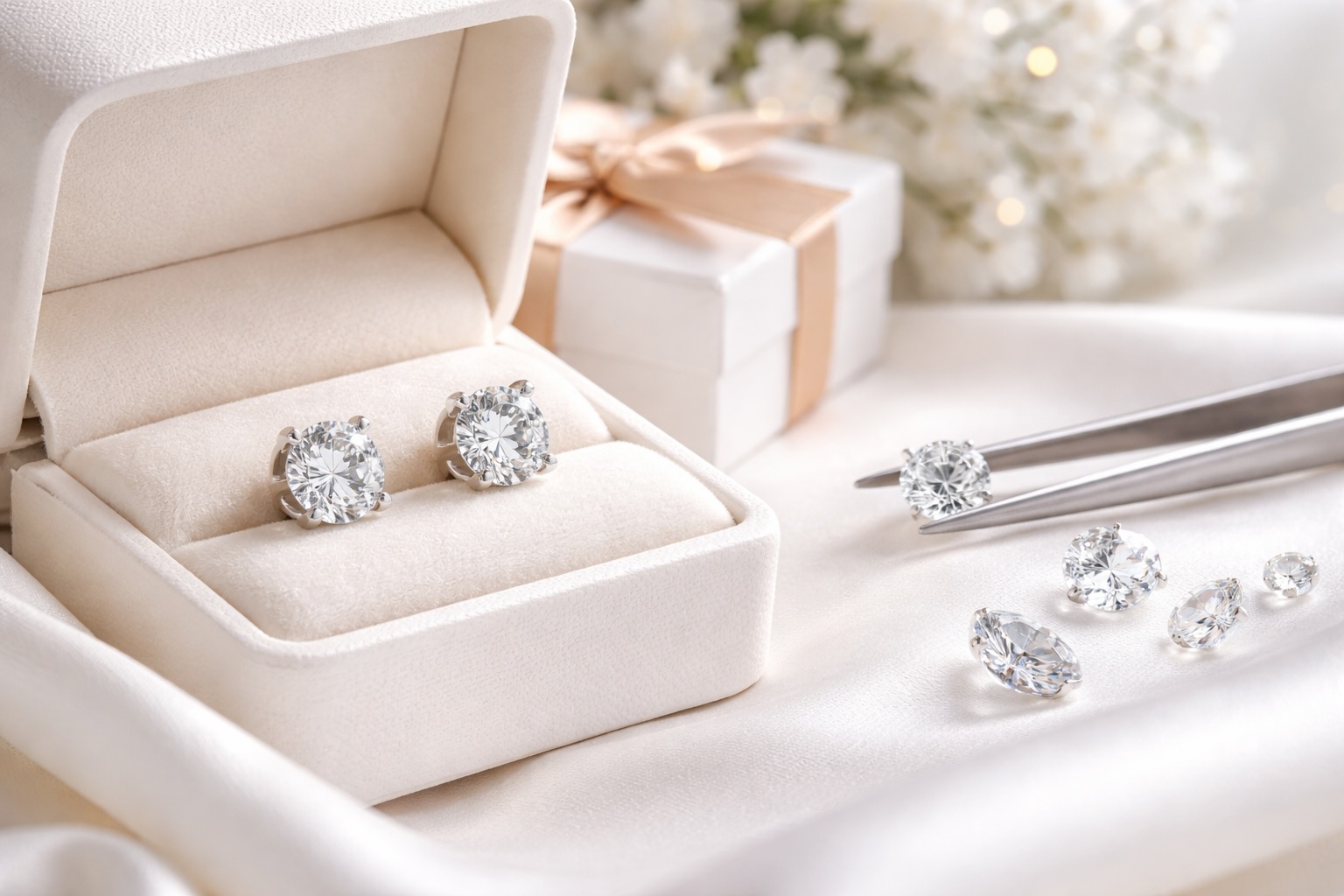 Close-up of round brilliant diamond stud earrings in a cream velvet jewellery box with loose diamonds and tweezers on a soft white background.