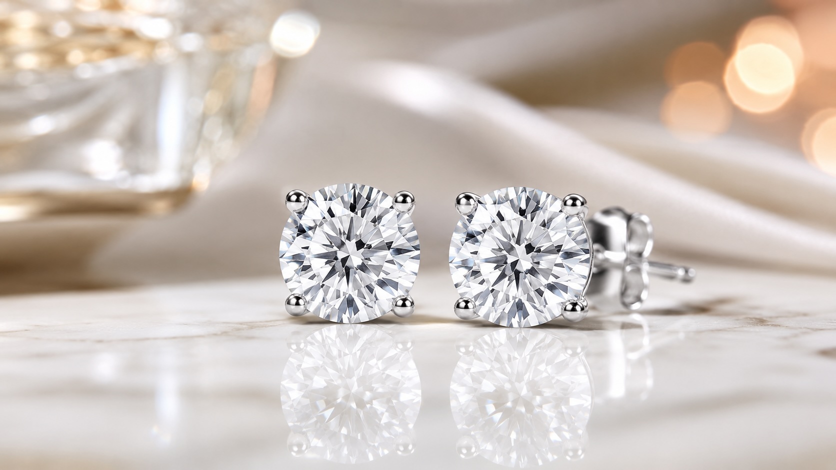 Pair of round brilliant diamond stud earrings in white metal prong settings on a reflective marble surface.