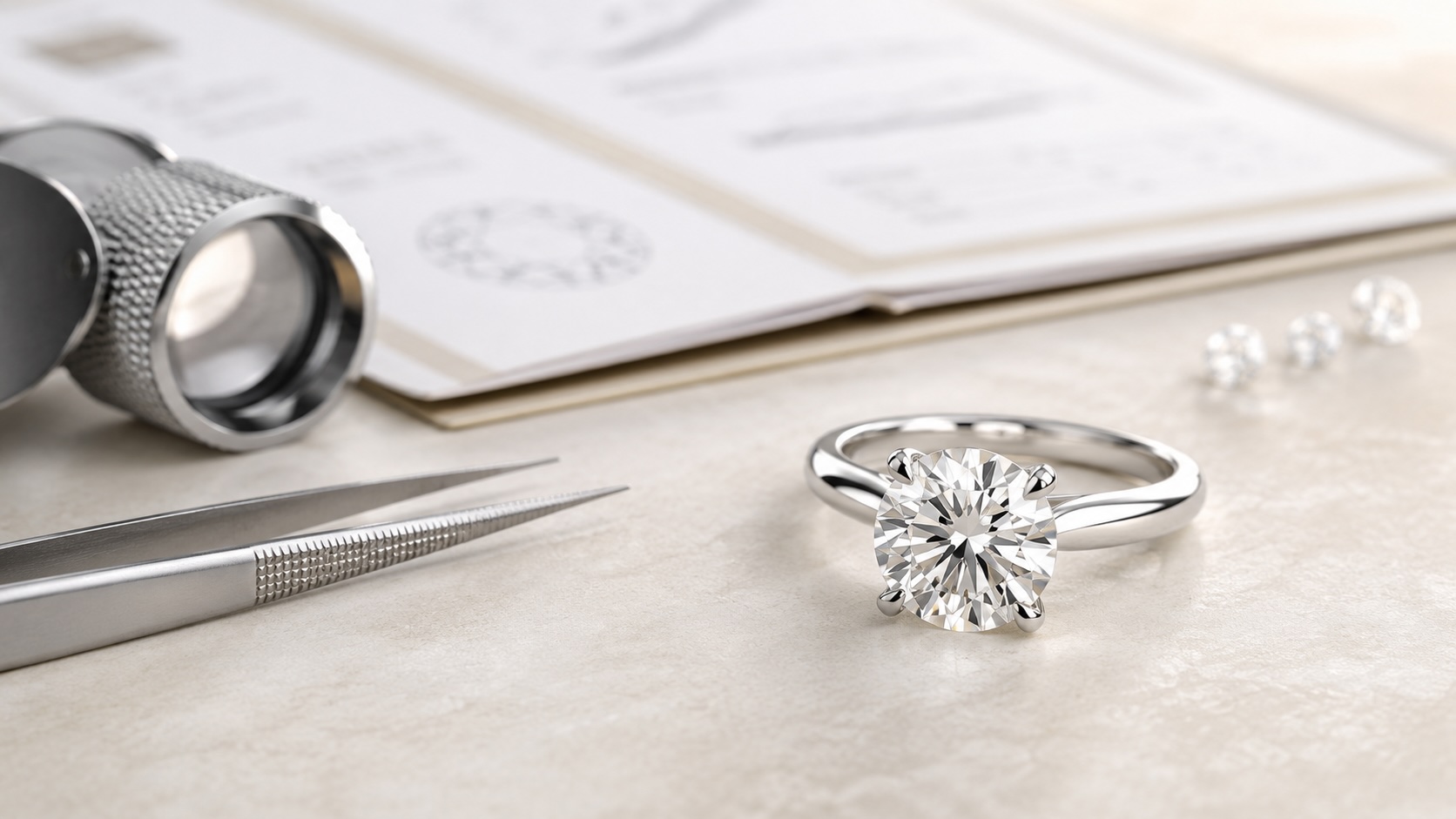 Round brilliant solitaire engagement ring beside jeweller’s tools and diamond grading documents.