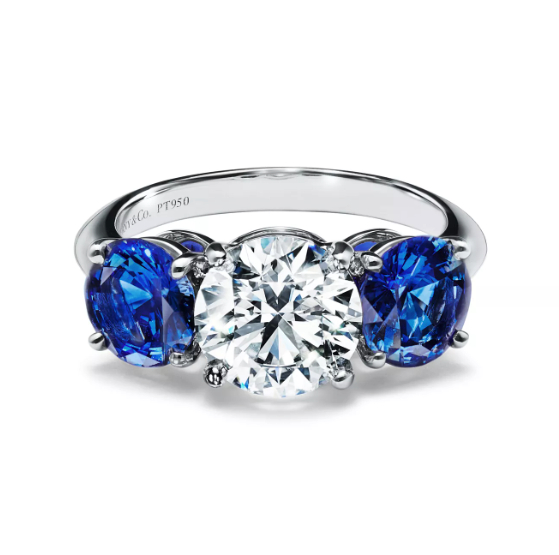 Tiffany Three Stone:Engagement Ring with Sapphire Side Stones in Platinum